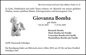 Traueranzeige von Giovanna Bomba von vrm-trauer