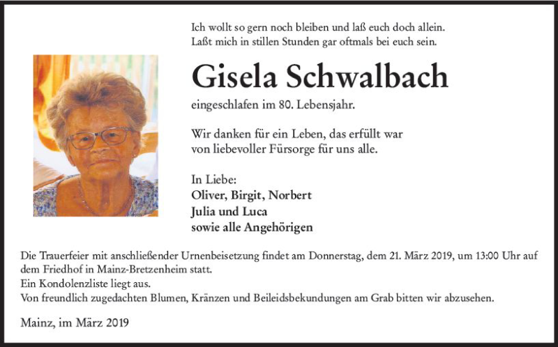  Traueranzeige für Gisela Schwalbach vom 16.03.2019 aus vrm-trauer