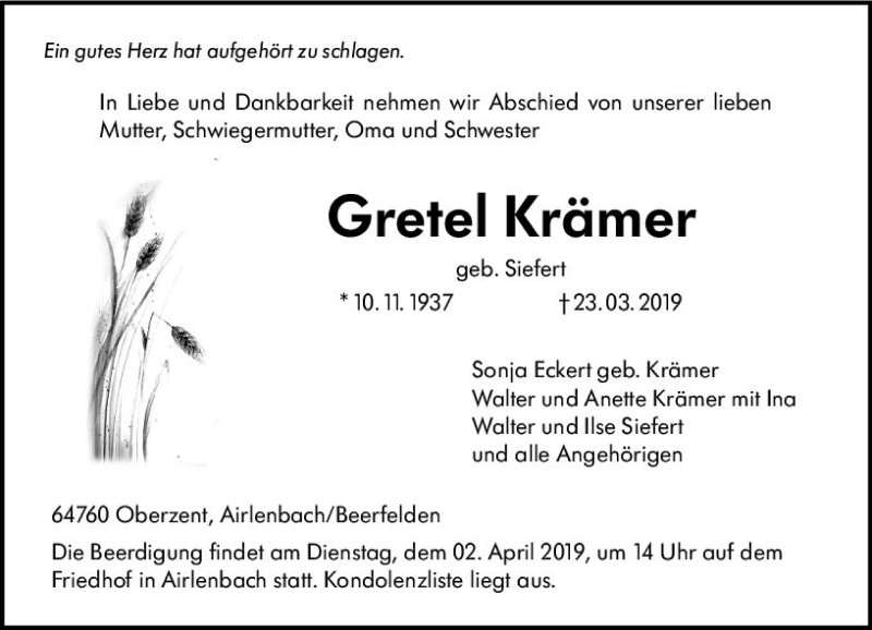  Traueranzeige für Gretel Krämer vom 30.03.2019 aus vrm-trauer