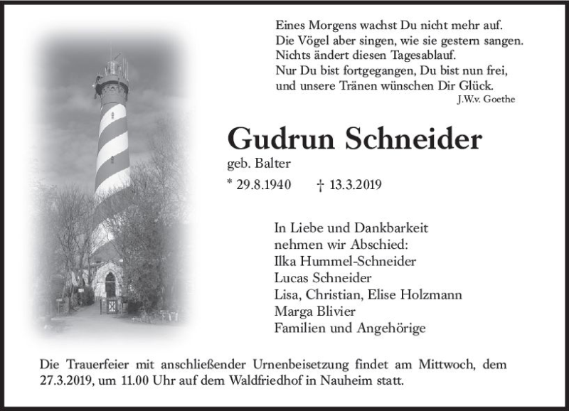  Traueranzeige für Gudrun Schneider vom 23.03.2019 aus vrm-trauer