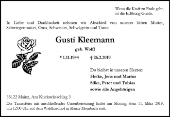 Traueranzeige von Gusti Kleemann von vrm-trauer