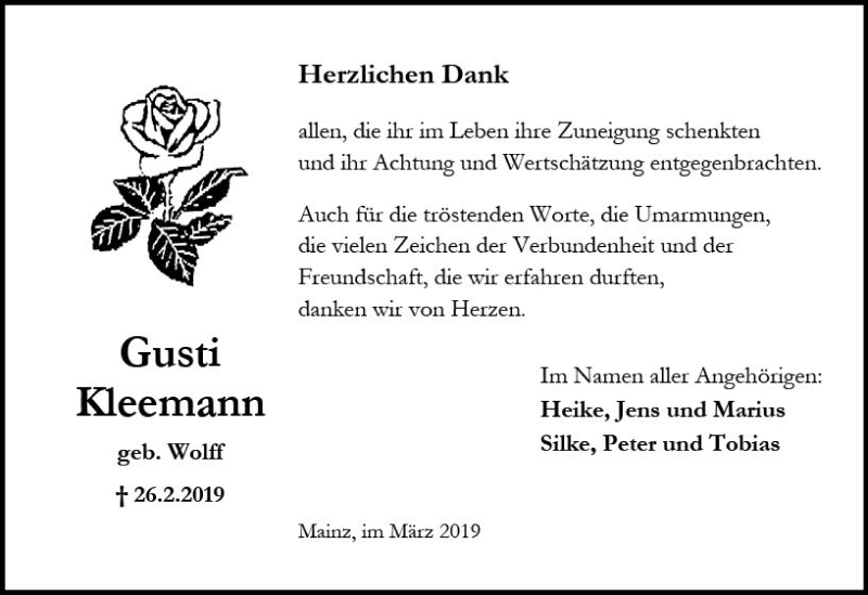  Traueranzeige für Gusti Kleemann vom 23.03.2019 aus vrm-trauer
