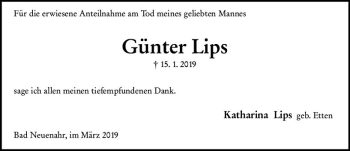 Traueranzeige von Günter Lips von vrm-trauer