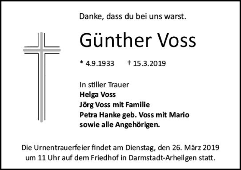  Traueranzeige für Günther Voss vom 23.03.2019 aus vrm-trauer