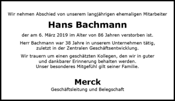 Traueranzeige von Hans Bachmann von vrm-trauer