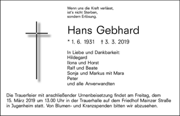 Traueranzeige von Hans Gebhard von vrm-trauer