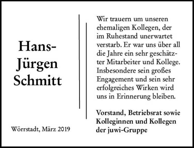  Traueranzeige für Hans-Jürgen Schmitt vom 06.03.2019 aus vrm-trauer