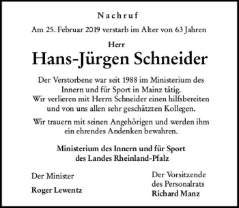 Traueranzeige von Hans-Jürgen Schneider von vrm-trauer