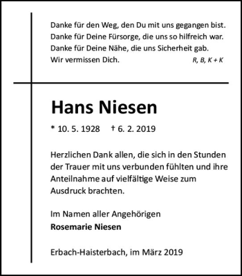Traueranzeige von Hans Niesen von vrm-trauer