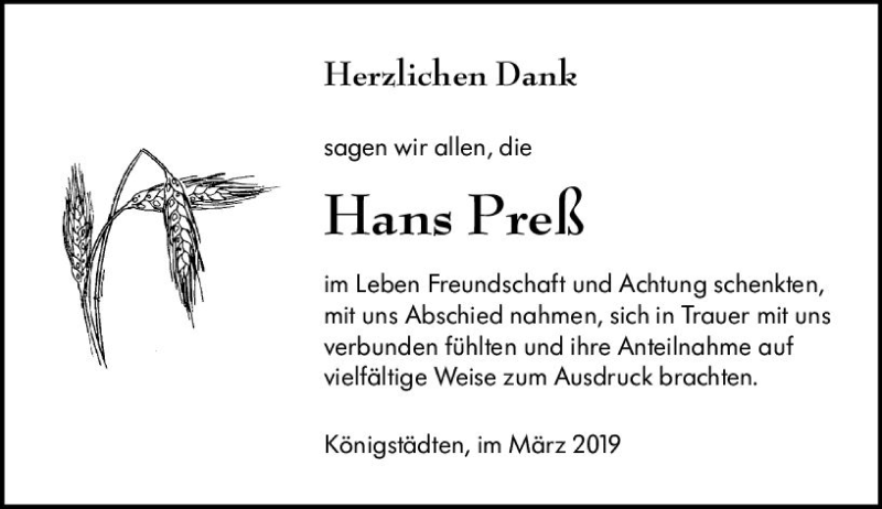  Traueranzeige für Hans Preß vom 30.03.2019 aus vrm-trauer