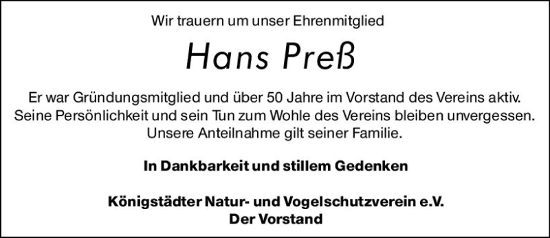  Traueranzeige für Hans Preß vom 09.03.2019 aus vrm-trauer