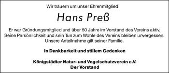Traueranzeige von Hans Preß von vrm-trauer
