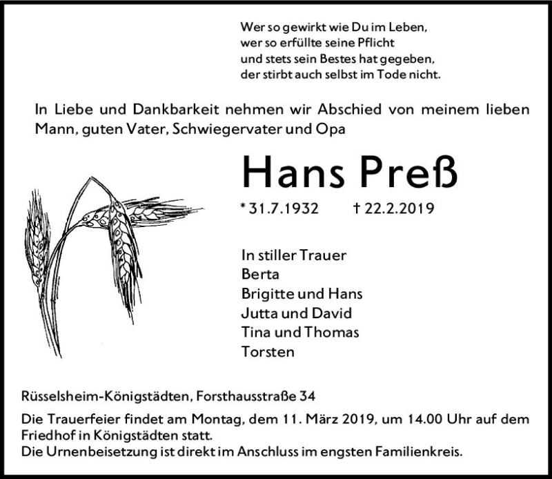  Traueranzeige für Hans Preß vom 02.03.2019 aus vrm-trauer