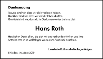 Traueranzeige von Hans Roth von vrm-trauer