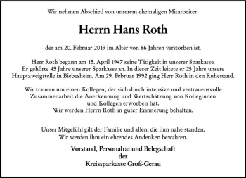 Traueranzeige von Hans Roth von vrm-trauer