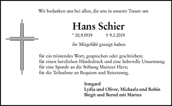 Traueranzeige von Hans Schier von vrm-trauer