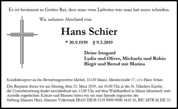 Traueranzeige von Hans Schier von vrm-trauer