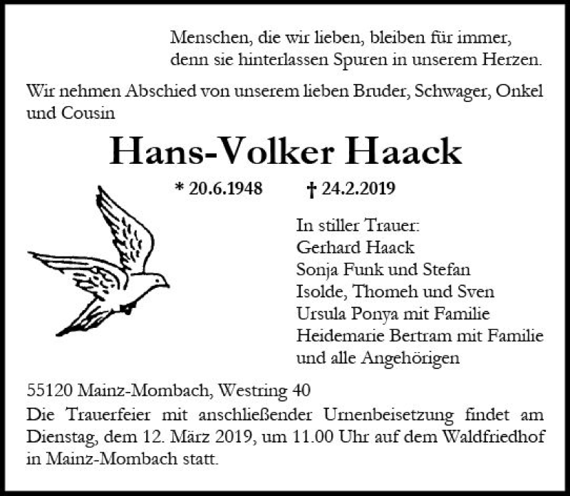  Traueranzeige für Hans-Volker Haack vom 02.03.2019 aus vrm-trauer