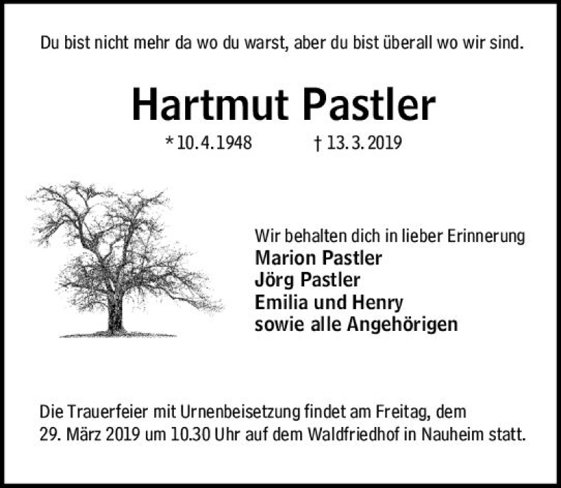  Traueranzeige für Hartmut Pastler vom 23.03.2019 aus vrm-trauer