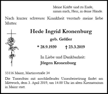 Traueranzeige von Hede Ingrid Kronenburg von vrm-trauer