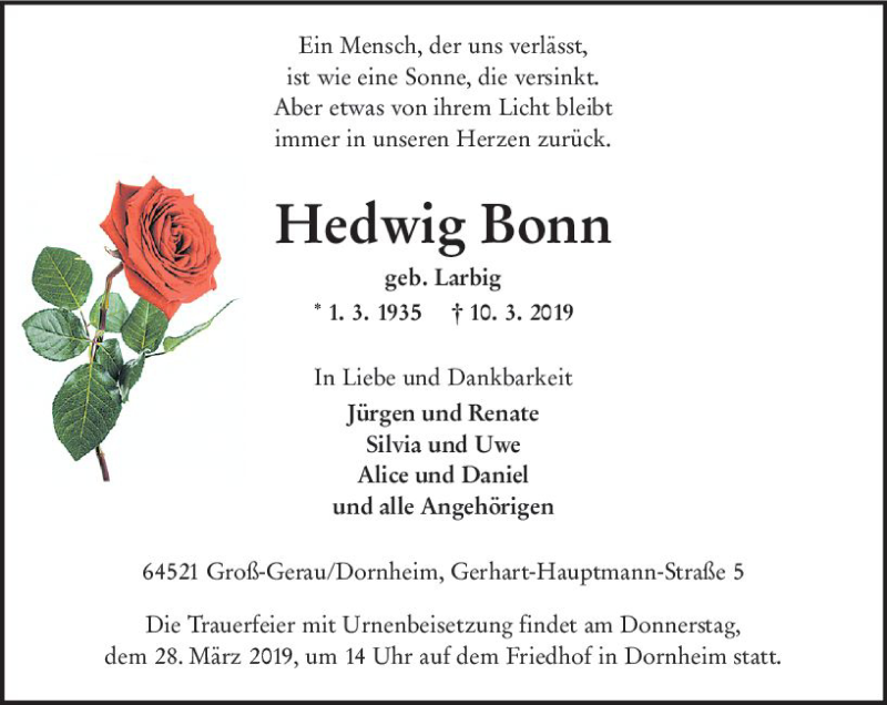  Traueranzeige für Hedwig Bonn vom 23.03.2019 aus vrm-trauer