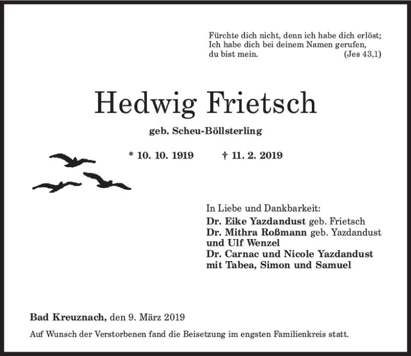  Traueranzeige für Hedwig Frietsch vom 09.03.2019 aus vrm-trauer