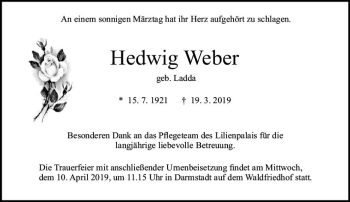 Traueranzeige von Hedwig Weber von vrm-trauer
