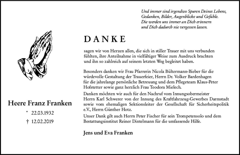  Traueranzeige für Heere Franz Franken vom 23.03.2019 aus vrm-trauer