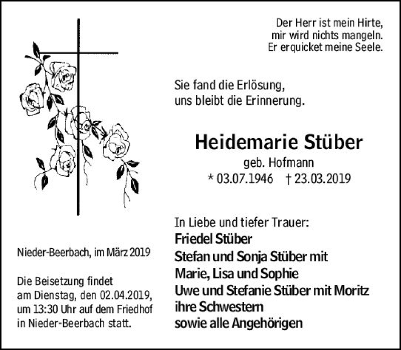  Traueranzeige für Heidemarie Stüber vom 30.03.2019 aus vrm-trauer