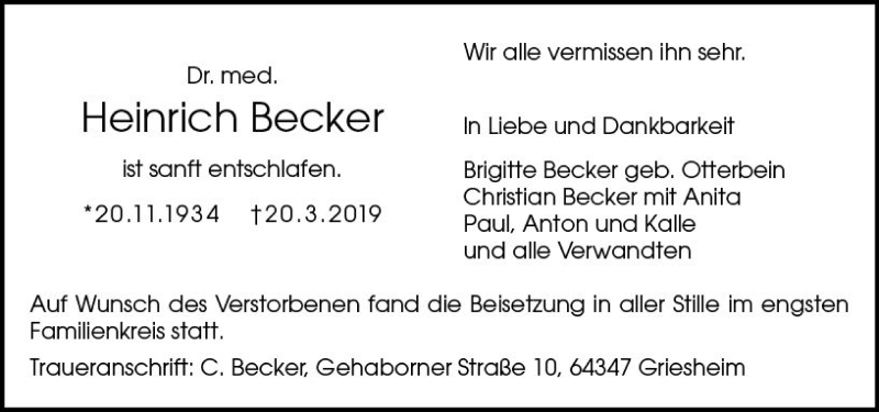  Traueranzeige für Heinrich Becker vom 30.03.2019 aus vrm-trauer