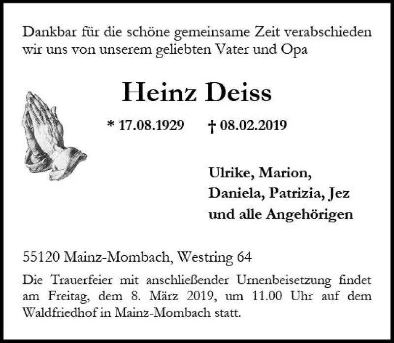  Traueranzeige für Heinz Deiss vom 02.03.2019 aus vrm-trauer