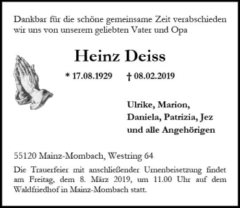 Traueranzeige von Heinz Deiss von vrm-trauer