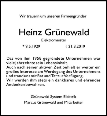 Traueranzeige von Heinz Grünewald von vrm-trauer