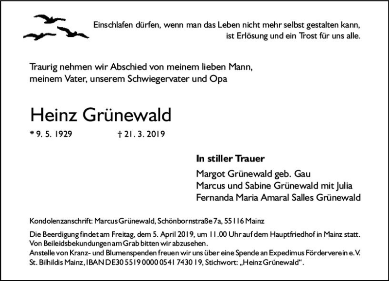  Traueranzeige für Heinz Grünewald vom 30.03.2019 aus vrm-trauer