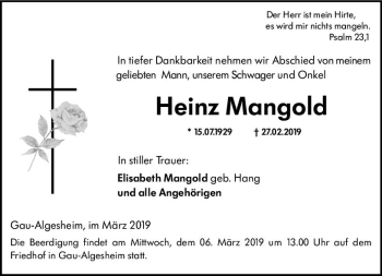 Traueranzeige von Heinz Mangold von vrm-trauer