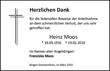 Traueranzeige von Heinz Moos von vrm-trauer