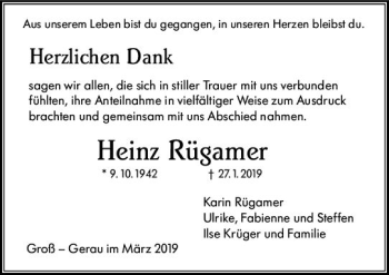 Traueranzeige von Heinz Rügamer von vrm-trauer