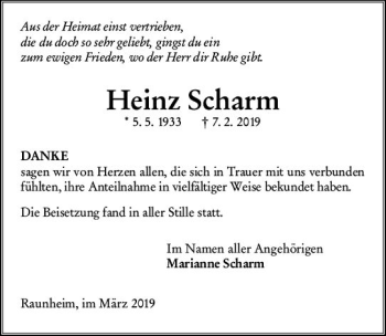 Traueranzeige von Heinz Scharm von vrm-trauer