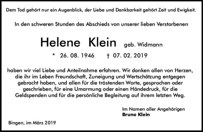  Traueranzeige für Helene Klein vom 16.03.2019 aus vrm-trauer