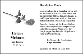 Traueranzeige von Helene Mehnert von vrm-trauer