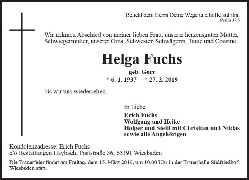  Traueranzeige für Helga Fuchs vom 09.03.2019 aus vrm-trauer