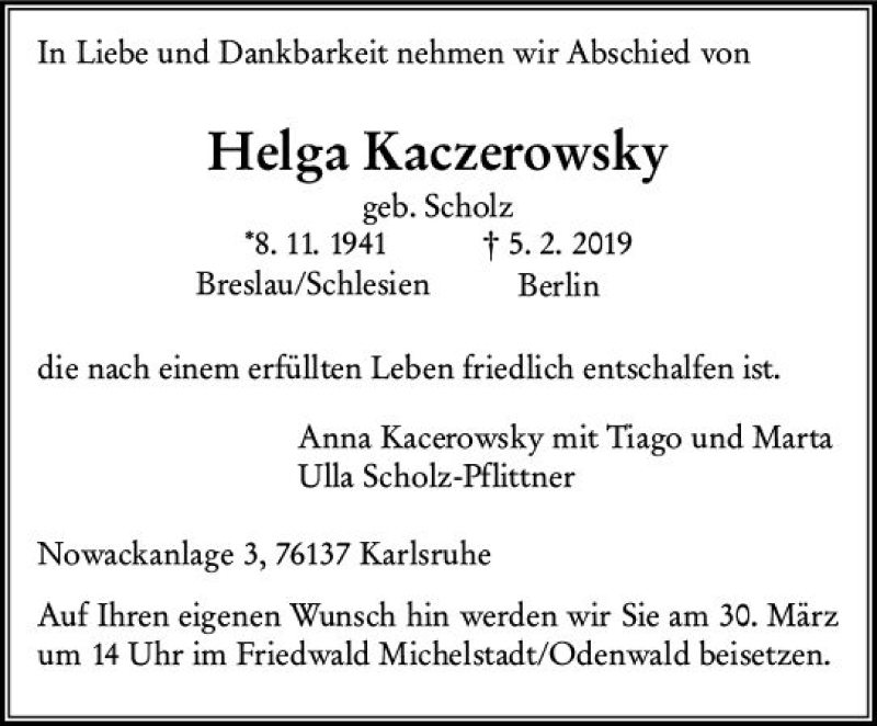  Traueranzeige für Helga Kaczerowsky vom 23.03.2019 aus vrm-trauer