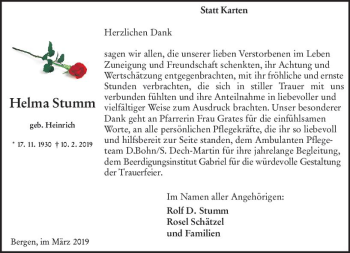 Traueranzeige von Helma Stumm von vrm-trauer