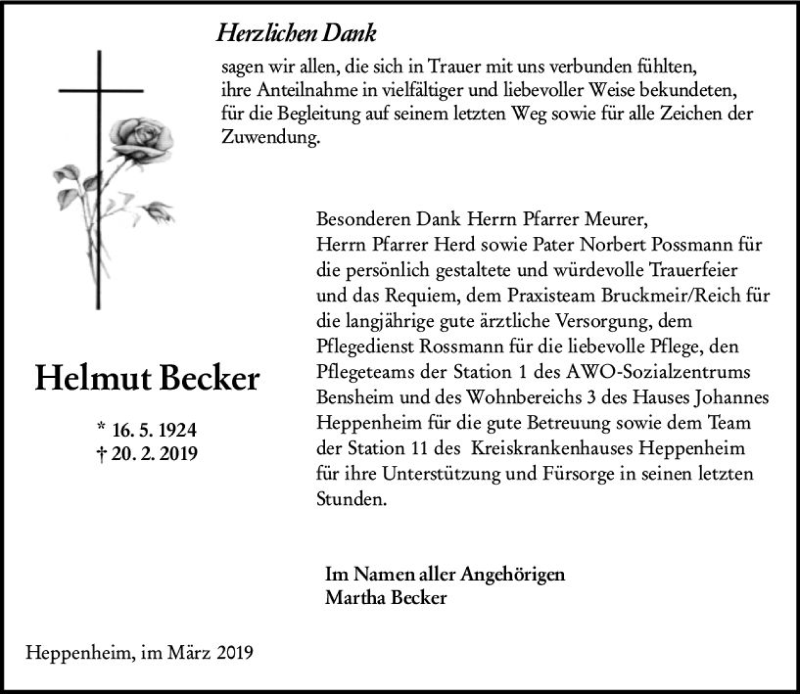  Traueranzeige für Helmut Becker vom 09.03.2019 aus vrm-trauer