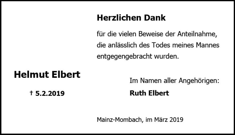 Traueranzeige für Helmut Elbert vom 09.03.2019 aus vrm-trauer
