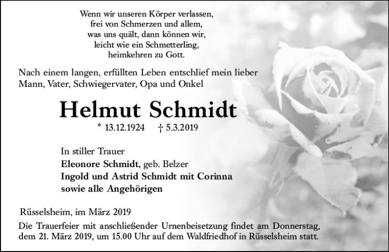  Traueranzeige für Helmut Schmidt vom 16.03.2019 aus vrm-trauer