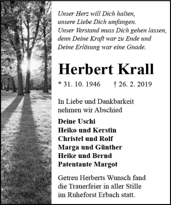 Traueranzeige von Herbert Krall von vrm-trauer