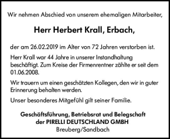 Traueranzeige von Herbert Krall von vrm-trauer
