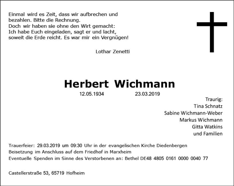  Traueranzeige für Herbert Wichmann vom 26.03.2019 aus vrm-trauer