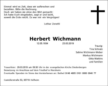 Traueranzeige von Herbert Wichmann von vrm-trauer